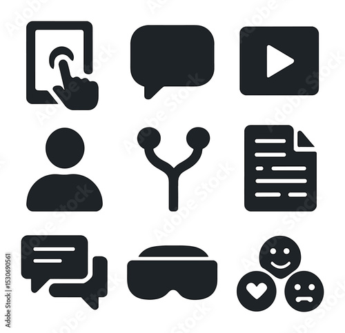 Interactive Icons Grid. Solid, filled icons set of interactive storytelling and digital media: touchscreen