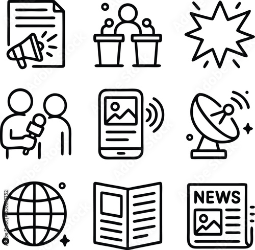 Modern News and Media Line Icon Set