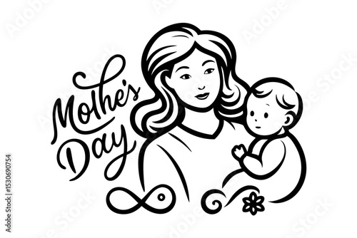 Tender mother and baby line art illustration isolated on transparent background
