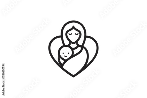 Simple line drawing of a mother holding a baby inside a heart isolated on transparent background