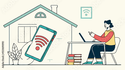Wallpaper Mural Person working on laptop at home with wifi signal on phone and house in background illustration Torontodigital.ca