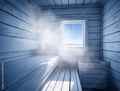 Inviting Steam Room with Natural Wood Textures and Light Streaming
