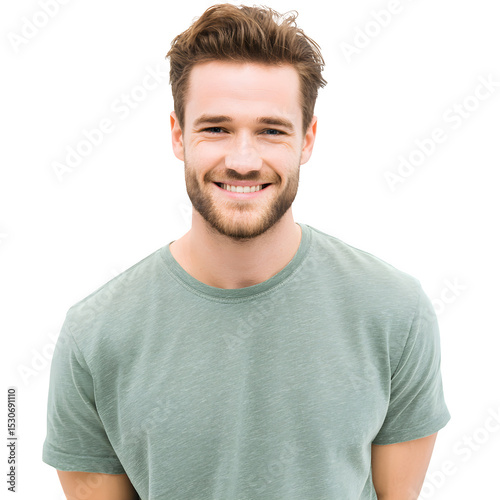 Close up of a young handsome man with a smiling face wearing casual t-shirt isolated on white background concept clean picture photo photo portrait colorful simple background simple portrait bright de
