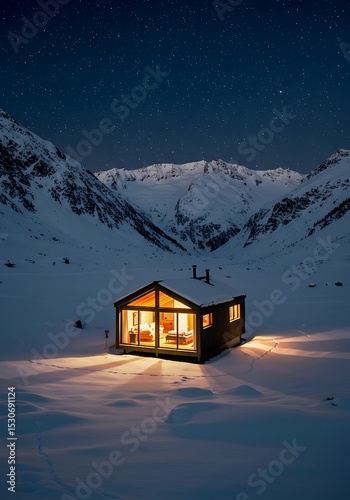 Nightfall Serenity: Light and Solitude in a Snowy Alpine Retreat
