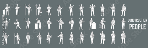 Architectural Drawings construction people vector illustration, front view, human person Minimal style hand drawn. Sections, Elevations, Floor Plans