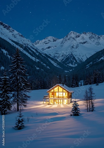 Nightfall Serenity: Light and Solitude in a Snowy Alpine Retreat
