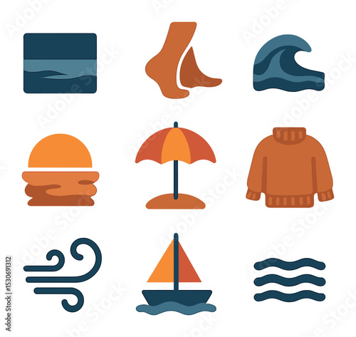 Seaside Evening Icons. Solid, filled icons set of seaside evening stroll: ocean horizon, walking feet, gentle