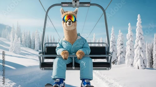 Llama alpaca on ski lift wearing goggles and ski suit in winter landscape.