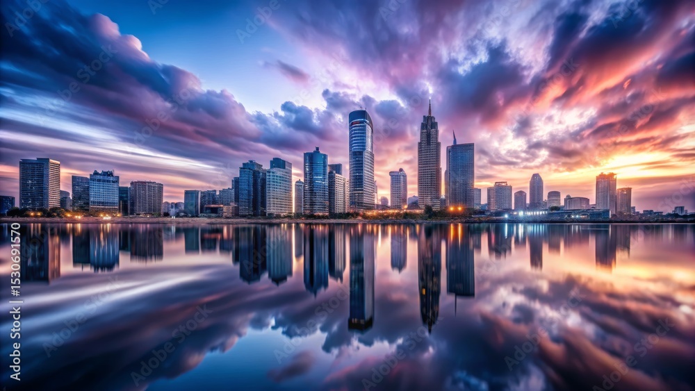 Fototapeta premium Cityscape Reflection at Dramatic Sunset
