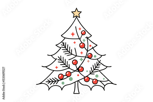 Single line drawing of a christmas tree with mistletoe and holly berries isolated on transparent background