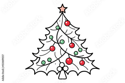Single line drawing of christmas tree mistletoe and holly berries isolated on transparent background
