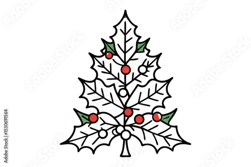 Single line drawing of a christmas tree with mistletoe and holly berries isolated on transparent background