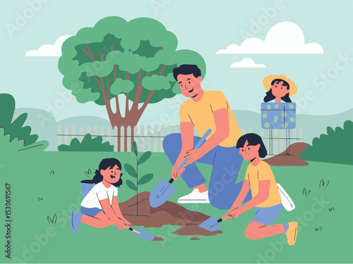 Happy family planting a young tree together in their garden fun soil cute kids love home green hobby