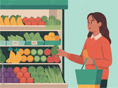 Woman selecting fresh produce at grocery store colorful vegetables fruits healthy eating lifestyle