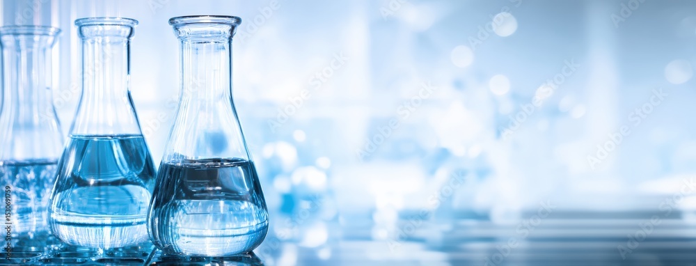 Erlenmeyer flasks containing blue liquid in a laboratory setting, conducting scientific experiments and research Erlenmeyer flasks containing blue liquid in a laboratory setting, conducting scientific experiments and research