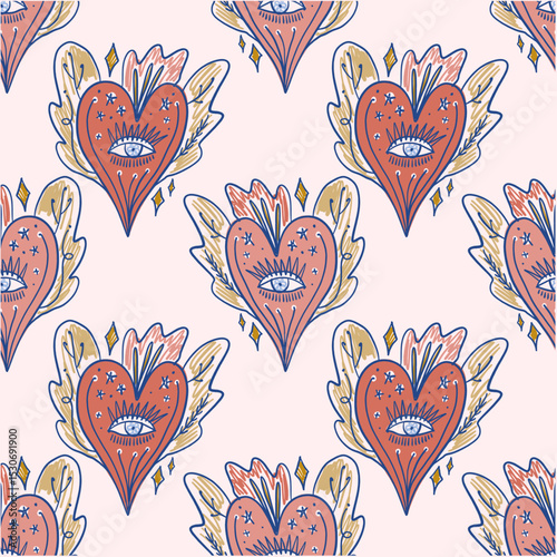 Sacred hearts seamless pattern mystical boho hand drawn sketchy style handmade illustration. Trendy bohemian vintage love symbol element in catholic aesthetic Valentine burning heart day clip-art