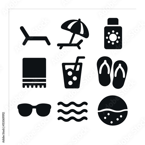 Beach Relaxation Icons. Solid, filled icons set of beachside relaxation: lounge chair, umbrella shade,
