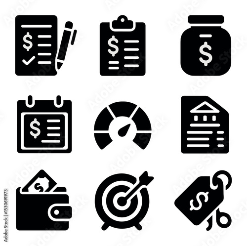 Finance Icon Grid. Solid, filled icons set of personal finance tracking: budget planner, expense tracker,