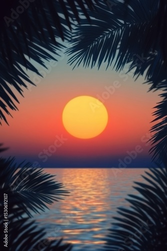 Tropical Sunset Over Ocean Framed by Palm Leaves - Serene Coastal View.