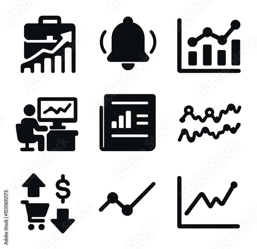 Stock Market Icons. Solid, filled icons set of stock market analytics: portfolio growth, price alert, volume
