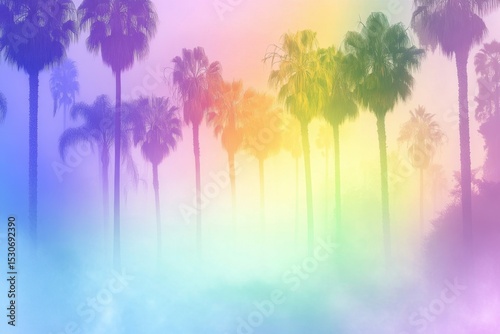Vibrant Rainbow Palm Trees in Hazy Tropical Landscape.