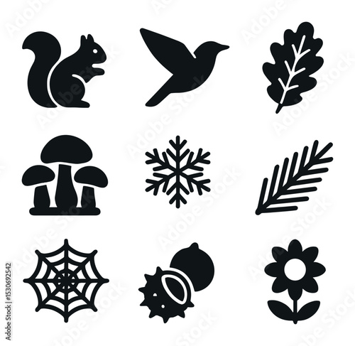 Autumn Flora and Fauna. Solid, filled icons set of autumn flora and fauna: squirrel, migrating bird, oak leaf,