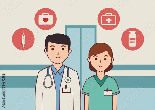 Smiling doctor and nurse team in hospital setting