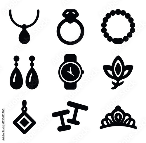 Jewelry Icons Grid. Solid, filled icons set of jewelry styling: necklace, ring, bracelet, earrings, watch,