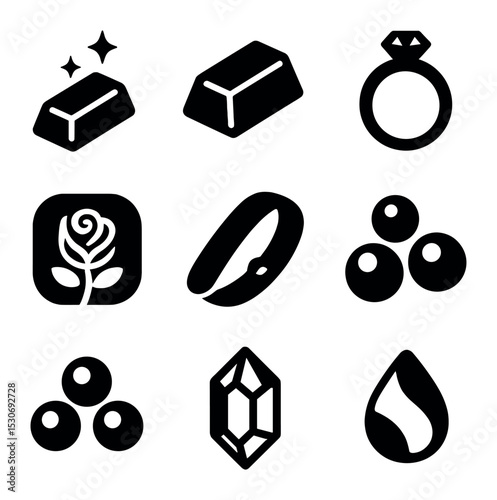 Jewelry Material Icons. Solid, filled icons set of jewelry materials: gold bar, silver ingot, platinum ring,
