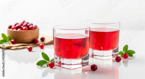 Wallpaper Mural Refreshing cranberry juice in glass cups with fresh cranberries and green leaves on a white table, offering a healthy and vibrant drink idea rich in antioxidants and natural flavor. Torontodigital.ca