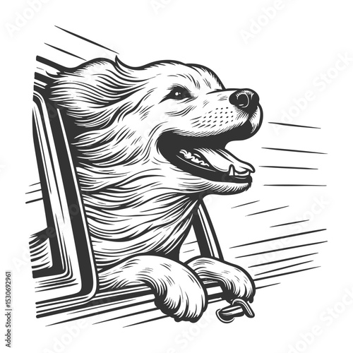 happy dog with its head out of a moving car window, fur blowing in the wind sketch engraving generative ai vector illustration. Scratch board imitation. Black and white image.