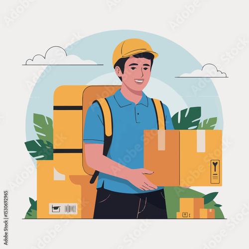 Happy delivery man carrying packages outdoors smiling friendly service box blue style image vector