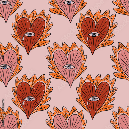 Sacred hearts seamless pattern mystical boho hand drawn sketchy style handmade illustration. Trendy bohemian vintage love symbol element in catholic aesthetic Valentine burning heart day clip-art