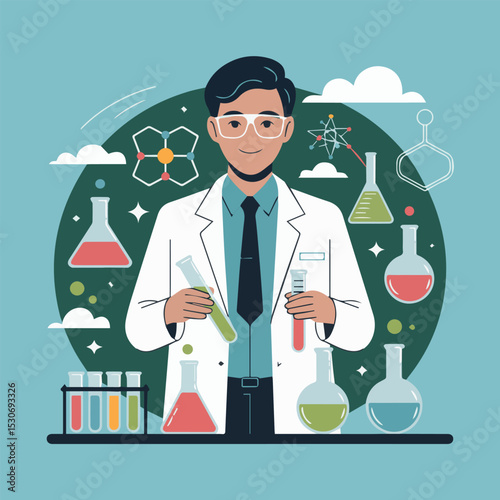 Smiling scientist in lab coat holding test tubes with colorful liquids flat work style happy design