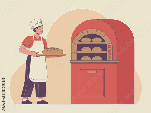 Baker holding freshly baked bread from a modern oven in a bakery red food loaf chef flat meal warm