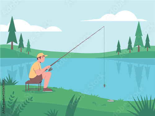 Man fishing by peaceful lake serene nature scene summer day outdoors relaxing rod sun sky blue calm