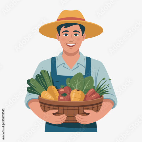 Happy farmer holding basket fresh organic vegetables harvest man food rural garden summer spring