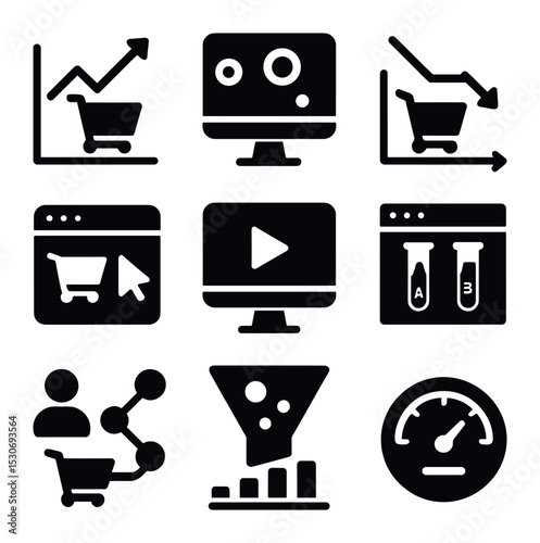 Cart Recovery Icons. Solid, filled icons set of cart recovery analytics: conversion graph, heatmap, drop-off