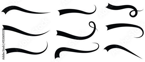 Swoosh and swash tails line collection. Swooshes text tail for baseball design. Typography tails shape for football or athletics sport team sign text. Vector illustration.