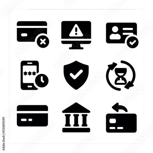 Payment Issues Icons. Solid, filled icons set of payment gateway issues: card decline, transaction error,