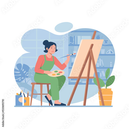Young woman artist painting on canvas in studio happy creative hobby girl flat brush easel skill