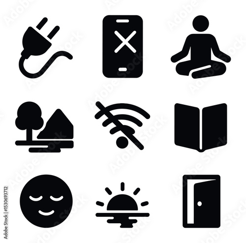 Disconnect for Peace. Solid, filled icons set of unplugging and disconnecting for mental peace: power plug,