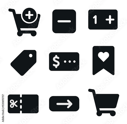 E-Commerce Interface Icons. Solid, filled icons set of user interface design for carts: add to cart button,