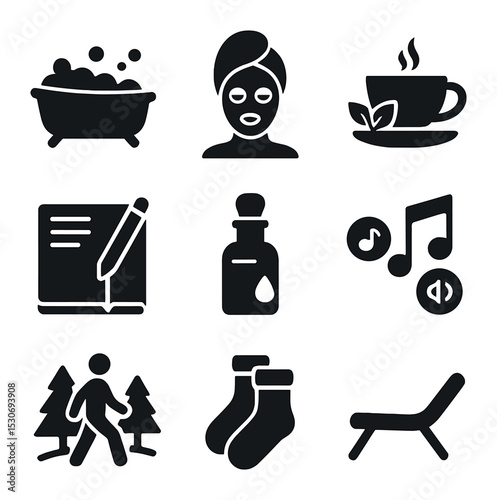 Self-Care Icons Grid. Solid, filled icons set of self-care moments: bubble bath, face mask, herbal tea,