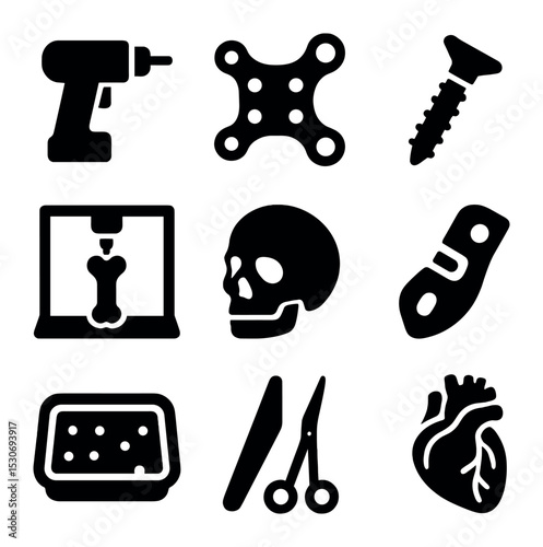 Surgical 3D Printing Icons. Solid, filled icons set of surgical 3D printing applications: surgical drill, bone