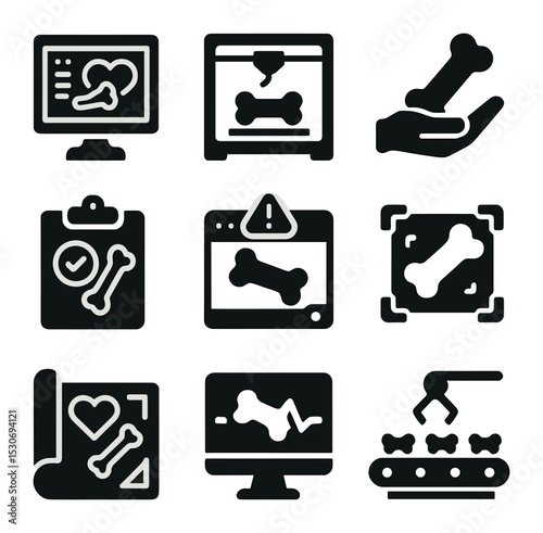 Medical Device Icons. Solid, filled icons set of medical device design process: CAD software, 3D printer,