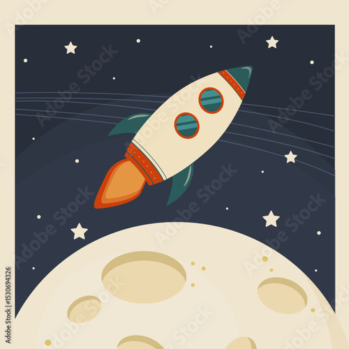 Vector Retro Illustration Spaceship Flight to the Moon 