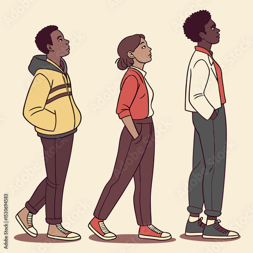 Three diverse characters illustrated in a side profile view, showcasing unique fashion styles and expressions, representing youth culture and individuality in a vibrant, creative design