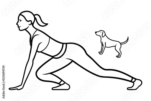Single line drawing of a woman in downward facing dog yoga pose isolated on transparent background
