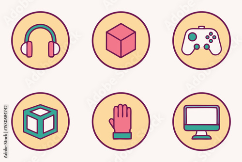 Six colorful circular icons representing virtual reality and gaming